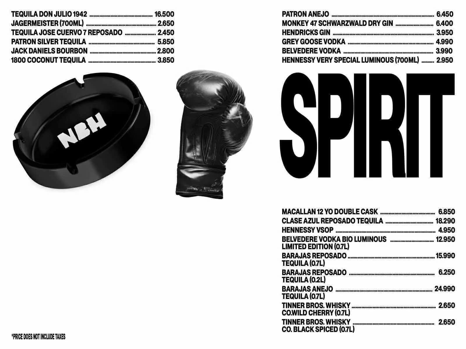 Menu Neighborhood Club Saigon — Spirit selection page with prices